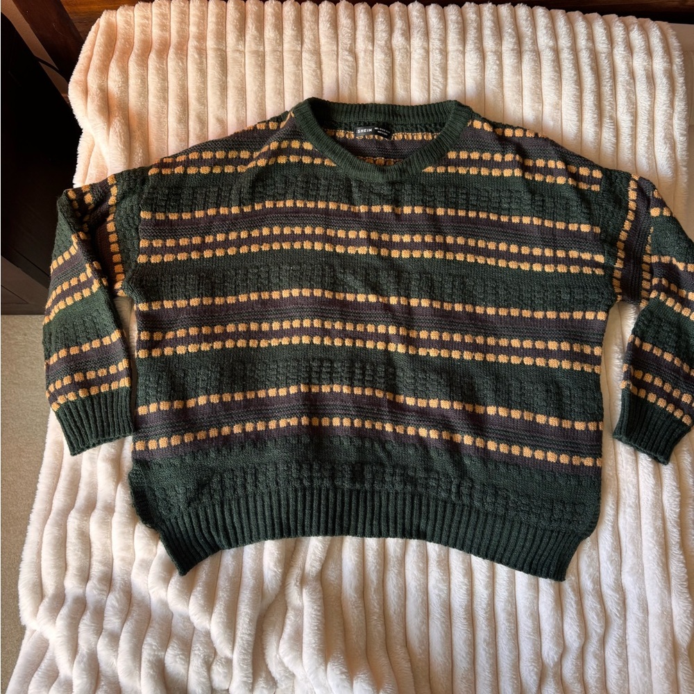 SHEIN Dark Green and Mustard Striped Crewneck Sweater